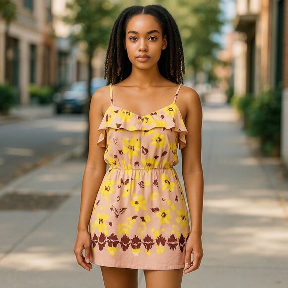 Tibi Silk Floral Abstract Mini Ruffle Tunic Dress Size 8 Yellow Pink Floral - Picture 14 of 14